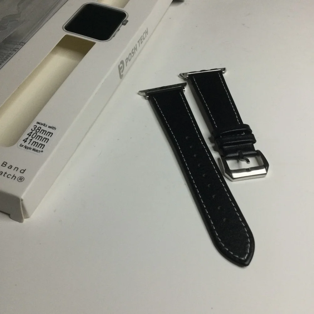 POSH TECH STITCHED LEATHER STRAP BAND FOR APPLE WATCH 38/40 BLACK UNISEX NWT